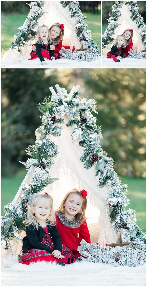 Christmas Photo Outside Ideas, Christmas Set Ups Photography, Teepee Tent Christmas Photoshoot, Diy Christmas Photo Backdrop Outdoor, Woodland Christmas Photo Shoot, Teepee Tent Christmas Tree, Winter Wonderland Christmas Photo Shoot, Fall Christmas Photoshoot, Christmas Photo Prop Ideas