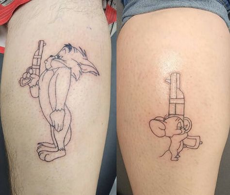 Another cartoon tattoo that represents your steadfast love after every argument is the Tom and Jerry design. This tattoo symbolizes that the two of you will still be together after every argument or difficult circumstance. Matching Tattoos Father And Son, Matching Cartoon Tattoos, Tom And Jerry Tattoos, Hers Tattoo, Tattoo With Deep Meaning, Tom Og Jerry, Tom And Jerry Tattoo, Avocado Tattoo, Brother And Sister Tattoo Ideas