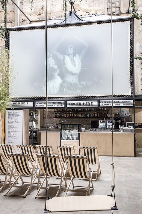 PLANTEA presents a vintage redesign of an abandoned cinema in madrid Wooden Benchtop, Open Air Cinema, Outdoor Cinema, Spanish Architecture, By Any Means Necessary, Modern Restaurant, Dark Interiors, Fitness Logo, Garden Sofa