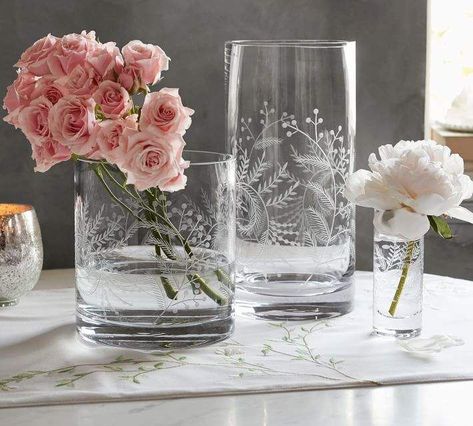 Monique Lhuillier Floral Etched Glass Vases Vases Pottery, Mercury Glass Vase, Cloud Craft, Stunning Homes, Cozy Hygge, Spring Refresh, Organic Bath Products, Etched Designs, Vase Fillers