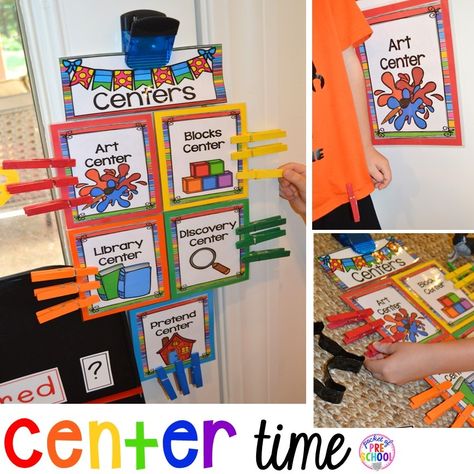 Center Time Management for Preschool and Pre-K 1 Preschool Center Signs, Pocket Of Preschool, Ideas For Kindergarten, School Lesson Plans, Preschool Centers, Classroom Centers, Classroom Routines, Center Signs, Dramatic Play Centers