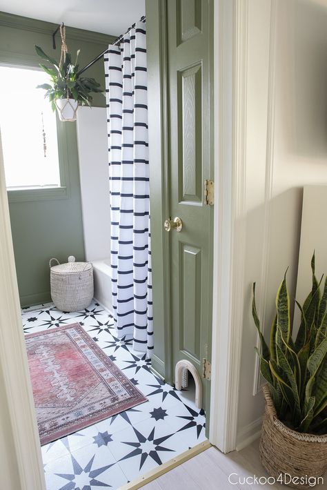 cat hole door in linen closet as litterbox area Removable Bathroom Flooring, Paint Color For Black And White Tile Bathroom, Stick And Peel Bathroom Tile, Front Bathroom Ideas, Bathroom With Green Floor Tile, White Bathroom Green Accents, Bathroom Stick On Tiles Wall, Floorpops Bathroom, Black And White Tile Bathroom Paint Wall Colors