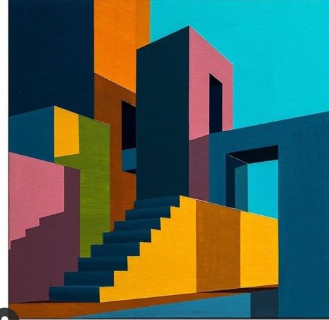 Geometric Scenery, Abstract House, Geometric Landscape, Colour Architecture, Abstract Architecture, Boho Art Drawings, Geometric Architecture, Boho Painting, Architecture Concept Drawings