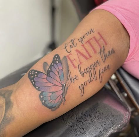 Upper Arm Tattoos For Women Butterflies, Faith And Butterfly Tattoo, Butterfly Scripture Tattoo, Butterfly Tattoo With Scripture, Butterfly Forearm Tattoo Black Women, Woman Arm Tattoo, Arm Tattoos For Women Upper, Inner Bicep Tattoo Women, Back Tattoo Women Upper