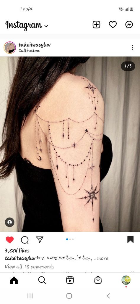 Back Necklace Tattoo, Dangling Tattoo Design, Dangly Tattoo Designs, Moon And Stars Chest Tattoo, Sternum Tattoo Women Ideas, Women Stomach Tattoos Ideas, Shoulder Chain Tattoo, Star Sternum Tattoo Women, Witchy Chest Tattoos For Women