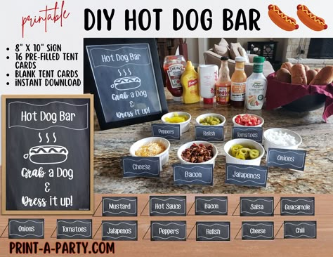 Feed a lot of people quickly and easily with this Hot Dog Bar printable. Easy to print Hot Dog sign, foldable tent cards including 25 pre-filled foods and condiments and blank tent cards too. Also included as a bonus: recipes on tent cards to display different hot dog recipes! The Sign says: Hot Dog Bar Grab a Dog & Dress it Up! The pre-filled labels included are the following: Onions, Tomatoes, Bacon, Pickles, Salsa, Peppers, Jalapenos, Relish, Cheese, Chili, Guacamole, Cole Slaw, Baked Beans, Hot Dogs, Bratwurst, Turkey Dogs, Sausage, Ketchup, Mustard, BBQ Sauce, Hot Sauce, Spicy Mustard, Ranch, Buffalo Sauce, Sauerkraut. Print as many or as little as you need for your setup. A blank page of tent cards is also provided.  Also included are recipes (also on tent cards for display) for the Hot Dog Station, Hot Dog Buffet, Salsa Peppers, Bar For Party, Hot Dog Sign, Bacon Pickles, Dog Station, Hot Dog Party, Party Food Bars