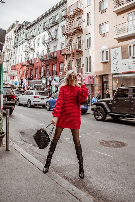 Little Italy NYC wearing Knit Bubble Sleeve Sweater Dress, fall outfit ideas, black to the knee boots, red dress. Red Dress Boots Outfit, Red Jumper Dress Outfit, Red Knitted Dress, Red Dress With Black Boots, Red Sweater Dress With Boots, Red Dress Fall Outfit, Red Knit Dress Outfit, Red Knitted Sweater Dress, Red Dress Winter Outfit