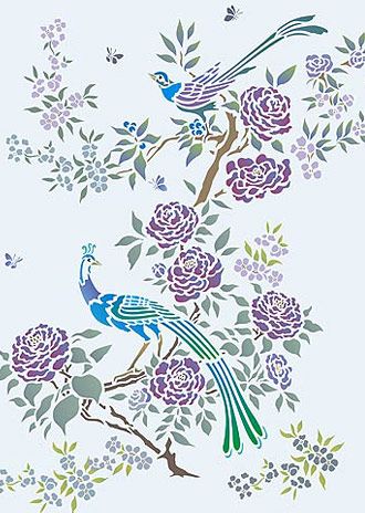 Chinoiserie Stencil, Áo Blu, Bird Stencil, Chinoiserie Motifs, Stencil Fabric, Peacock Bird, Flower Stencil, Stencil Patterns, Japanese Embroidery