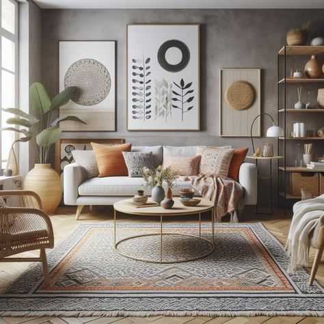 Modern Boho Living Room Modern Industrial Boho, Boho Living Room Cream Couch, Light Gray Couch Boho Living Room, Boho Living Room Grey Walls, White Couch Boho Living Room, Modern Boho Living Room Bohemian, Boho Waiting Room, Midcentury Boho Living Room, Boho Living Room Grey Couch