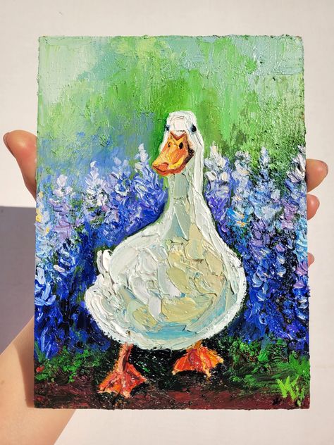 Colorful Duck Painting, Duck Oil Pastel, Impasto Painting Easy, Duck Painting Acrylic, Painting Farm Animals, Geese Painting, Bluebonnet Painting, Ducks Painting, Goose Painting