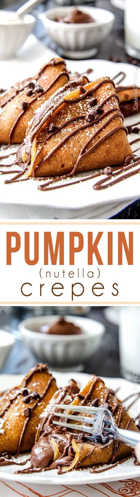 EASY one bowl Pumpkin Crepes are so much better than plain crepes!!  Smother in silky, chocolate Nutella or stuff with cream cheese, or douse in syrup – amazing any way your serve them! Pumpkin Crepes, Pumpkin Angel Food Cake, Cake French Toast, Nutella Crepes, Nutella Recipes, Chocolate Nutella, Crepe Recipes, Oreo Dessert, Angel Food Cake