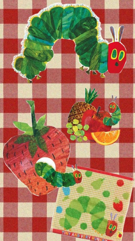 The Very Hunger Caterpillar, Hungry Caterpillar Wallpaper, Hungry Caterpillar Aesthetic, Picnic Collage, Caterpillar Wallpaper, Collage Icons, Classroom Wallpaper, Hungry Hungry Caterpillar, Picnic Wallpaper