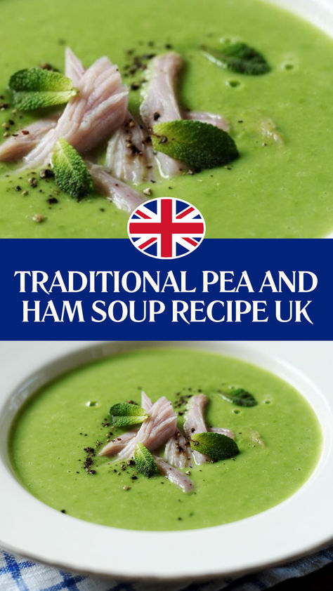 Traditional Pea And Ham Soup Recipe UK​ Pea And Ham Soup Recipe, Ham And Pea Soup, Soup Recipes Uk, Irish Soup, Ham Soup Recipes, Creamy Peas, Pea And Ham Soup, Easy Ham, Pantry Ingredients