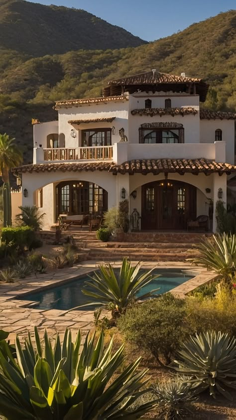 Vibrant Hacienda Style Homes to Inspire Your Mexican Design Dreams - Inspire Inlet Vintage House Design Exterior, Mexican House Style, Style Homes Interior Design, Mexican House Aesthetic, Mexican Ranch House, Hacienda Style House, Modern Mexican Living Room, Mexican House Exterior, Hacienda Style Homes Interiors