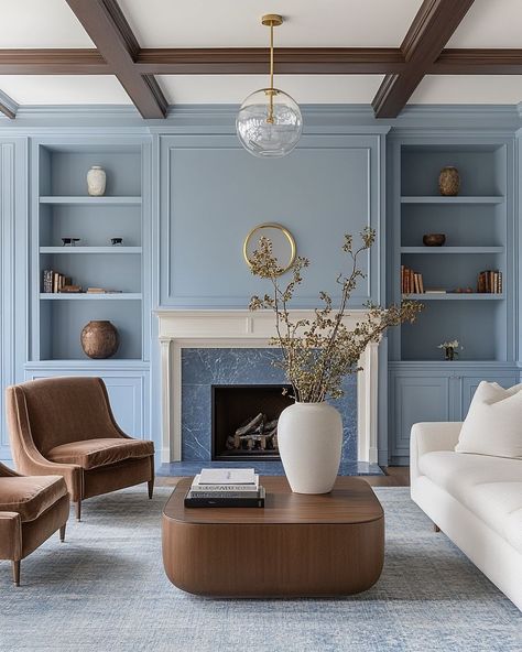 Homes • Instagram Painted Fireplace Mantels Color, Light Blue Fireplace, Blue Fireplace, Painted Fireplace Mantels, Grey Fireplace, Color Palette Interior Design, Paint Fireplace, Blue Cabinets, Blue Colour Palette