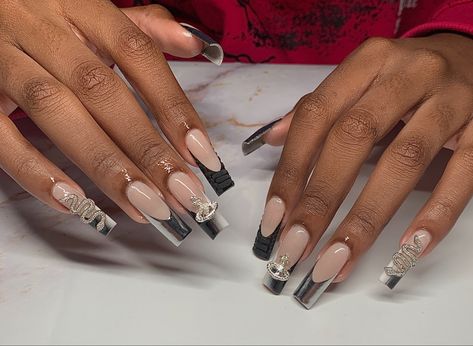 Bling French Nails, French Tip Nails With Chrome, Croc Print French Tip Nails, Chrome Heart Nails, Nails With Chrome, Black French Tip Nails, Black French Tip, White Crocodile, 2023 Nails