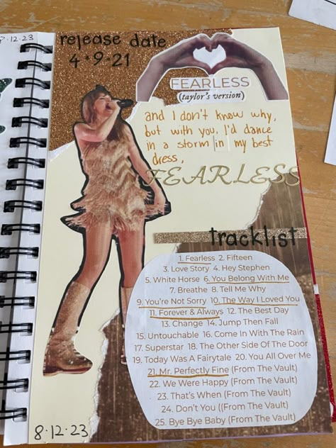 Taylor Swift Fearless Journal, Taylor Swift Album Journal, Taylor Swift Song Book, Songbook Aesthetic, Taylor Swift Journaling, Taylor Swift Notebook Ideas, Taylor Swift Scrapbook Ideas, Taylor Swift Diary, Taylor Swift Journal Pages