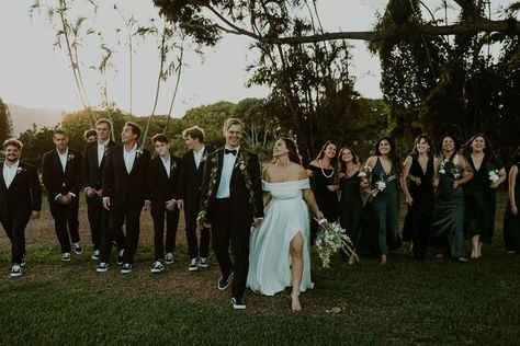 Groomsman Vans, Green Bridesmaid Dresses And Black Groomsmen Suits, Deep Green Groomsmen, Emerald Green And Black Groomsmen Attire, Groomsmen In Vans, Groom With Vans, Mixed Green Bridesmaid Dresses With Groomsmen, Emerald Green Groomsmen Attire Casual, Suit With Vans