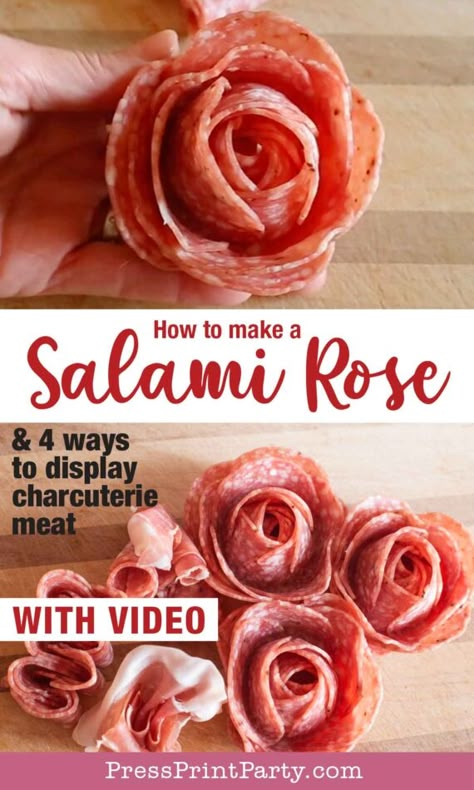 Make a SALAMI ROSE and 4 Easy Ways to Display Charcuterie Meat - How to make a salami Rose. Easy salami roses Are the perfect addition to any charcuterie board and folding your meats in an interesting way really takes your charcuterie plates to the next level. You’ll need about 9 slices of salami and a shot glass. The video will show you not only an easy way to make a salami rose, but also a salami or prosciutto rose bouquet, a salami chain, and a prosciutto fan - Press Print Party! Salami Chain, Prosciutto Rose, Salami Rose, Charcuterie Meats, Charcuterie Board Meats, Charcuterie Appetizers, Charcuterie Plate, Charcuterie Ideas, Fingerfood Party