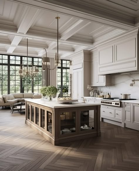 High End Transitional Kitchen, Luxury Modern Farmhouse Kitchen, White Big Kitchen, Kitchen Tall Ceilings, Extra Large Kitchen Island, Huge Kitchen Luxury, Formal Kitchen, White Classic Kitchen, Kitchen Beams