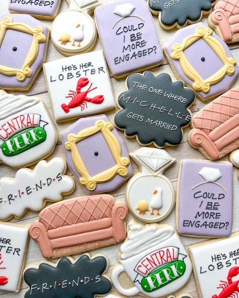 Emily’s Bake Shop on Instagram: "Friends themed bridal shower cookies to celebrate Michelle’s special day! Absolutely loved creating this cookie set! 🦞💜 • • #emilysbakeshop #customcookies #decoratedcookies #njbaker #njcookies #sugarcookies #sugarcookiedecorating #sugarcookiemarketing #bridalshowercookies #weddingcookies #njbride #njbrides #engagementcookies #friends #friendscookies" Friends Cookies Tv Show, Friends Bachelorette Cookies, Friends Themed Cookies, Friends Royal Icing Cookies, Friends Cookies Decorated, Friends Themed Bridal Shower Ideas, Friends Bridal Shower Theme, Friends Themed Wedding, Friends Cookies