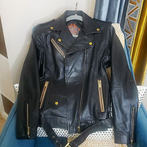 New And Never Worn, Black Lambskin Leather Biker Jacket, Size Small (Fits True To Size). Goldish Tan Accents (Under Collar & Round Zippers). Non Removable Belt. Gold Hardware. Very Pretty Belt Gold, Leather Biker Jacket, Lambskin Leather, Biker Jacket, Gold Hardware, Jackets & Coats, Jackets For Women, Size 4, Leather Jacket