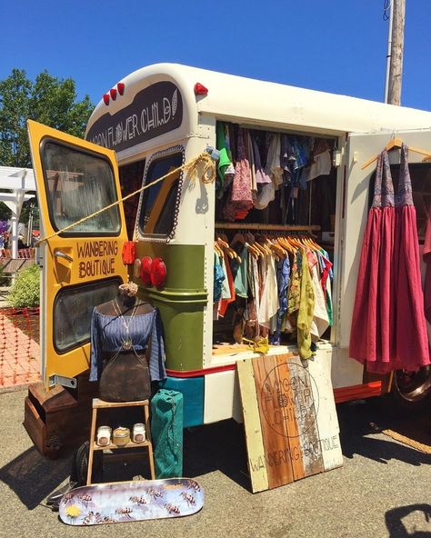 Shop in a hippie bus ☮️🌈⁠ What’s not to love ✌️⁠ ⁠ Credit @ibizabohogirl⁠ ⁠ ( 📷 @thebohemianunicorn )⁠ .⁠ .⁠ .⁠ .⁠ .⁠ .⁠ #hippiebus #vanlife #festivaloutfit #fashiontruck #levitatemusicfestival #moonflowerchild #bohemians #hippiespirits #love #bohochic #bohostyle #fashion #style #gypsy #hippie #jewelry #bohemianstyle #wanderlust #ootd #travel #happy #instagood #freespirit #peace #summer #beautiful #gypsysoul #design #inspiration #bohoofeelings⁠ Mobile Fashion Truck, Vintage Store Ideas, Thrift Aesthetic, Fashion Truck, Hippie Bus, Hippie Shop, Travel Happy, Mobile Business, Mobile Boutique