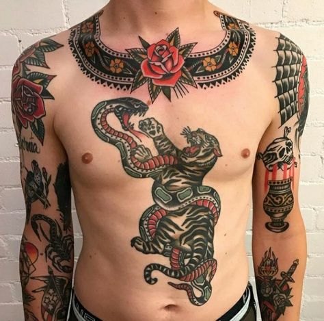 Traditional Tattoo Torso, Neo Traditional Chest Tattoo, Shane Tattoo, Traditional Back Tattoo, Traditional Chest Tattoo, Collar Tattoo, Traditional Chest, Traditional Black Tattoo, Backpiece Tattoo