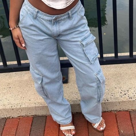 Shein light blue low rise cargo jeans. Size... | Depop Simple Trendy Outfits, Cute Everyday Outfits, Cargo Jeans, Everyday Outfits, Cargo Pants, Trendy Outfits, Low Rise, Casual Pants, Denim Jeans