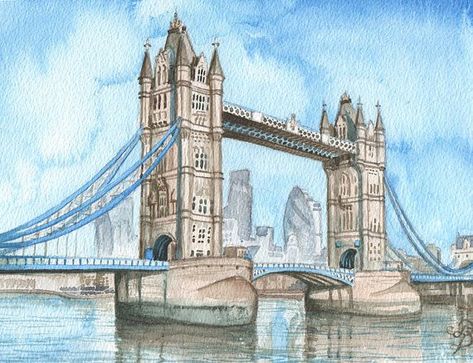 Watercolor London, Happy Home Decor, Bridge Drawing, David Platt, Animal Outline, London Icons, Bridge Painting, Urban Sketches, Romantic Paintings