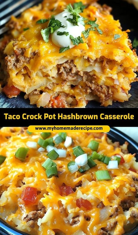 This taco crock pot hashbrown casserole is the easiest hashbrown casserole for taco lovers. Cheesy, flavorful, and cooked in a crockpot, it’s the best casserole for busy days Ground Beef And Hashbrown Recipes Crock Pot, Taco Hashbrowns Crockpot, Hashbrown Casserole Instapot, Quick Hashbrown Casserole, Taco Hashbrown Crockpot Recipes, Hashbrown Casserole No Cream Soup, Taco Hash Brown Casserole Crockpot, Shredded Hashbrown Taco Casserole, Ground Beef Hashbrown Crockpot Recipes