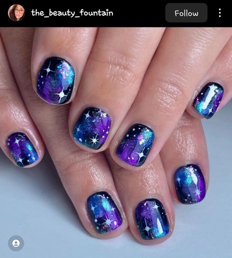 Coldplay Nails, Space Nails Galaxy, Nail Galaxy, Nail Art Designs 2023, Cosmic Nails, Galaxy Nail, Stylish Nail Art, Firework Nails, Galaxy Nail Art