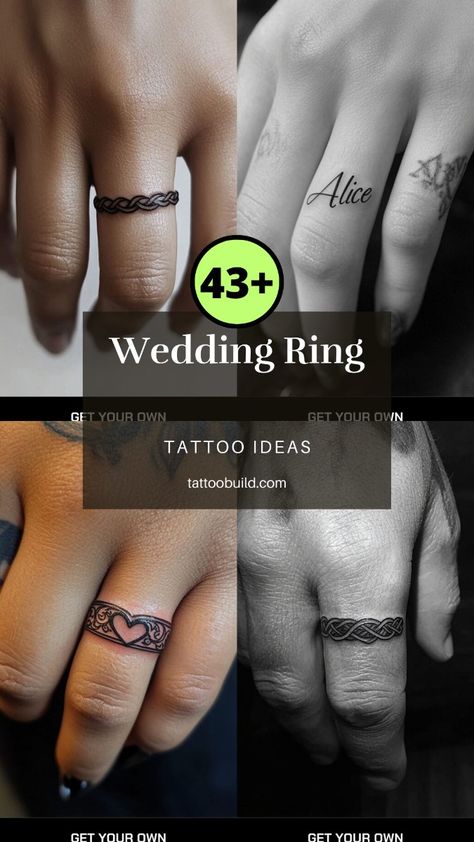 Struggling to find unique wedding ring tattoo ideas? Elevate your tattoo inspiration with our creative designs. Save this pin now for a fresh take on symbolizing eternal love. Mens Wedding Tattoo, Tattoo Rings Wedding, Eternal Love Tattoo, Wedding Ring Tattoo Ideas, Welsh Tattoo, Wedding Ring Finger Tattoos, Ring Tattoo Ideas, Karma Tattoo, Ring Tattoo