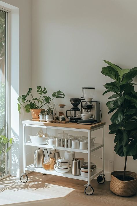 21 Creative Farmhouse Coffee Bar Ideas You Need To See Coffee Bar Ideas In Living Room, Espresso Coffee Station, Apartment Coffee Bar Ideas, Small Simple Coffee Bar Ideas, Scandinavian Coffee Bar, Coffee Station Ideas Countertop Small, Coffeebar Coffee Stations, Coffee And Tea Bar Ideas, Ikea Coffee Station