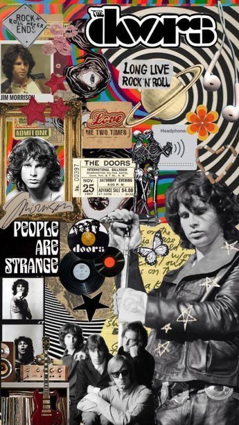 70s Rock And Roll Aesthetic, The Doors Wallpaper, Doors Wallpaper, Rock And Roll Aesthetic, 60’s Aesthetic, Rock Collage, Wallpaper Collages, The Doors Band, Rock N Roll Aesthetic