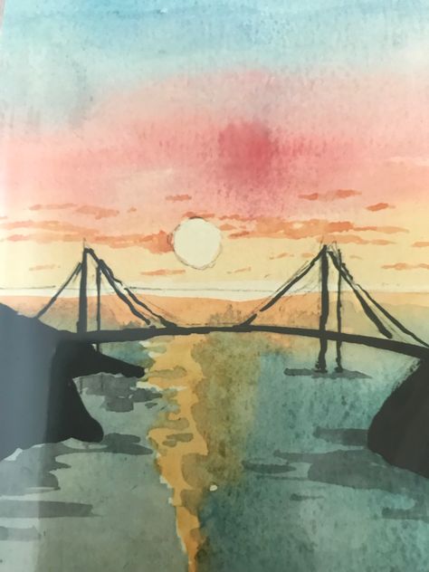 Easy sunset painting Watercolor Art Sunset Easy, Bridge Watercolor, Bridge Painting, Watercolor Paintings Nature, Watercolor Sunset, Watercolor Ideas, Cute Paintings, Water Colors, Easy Watercolor