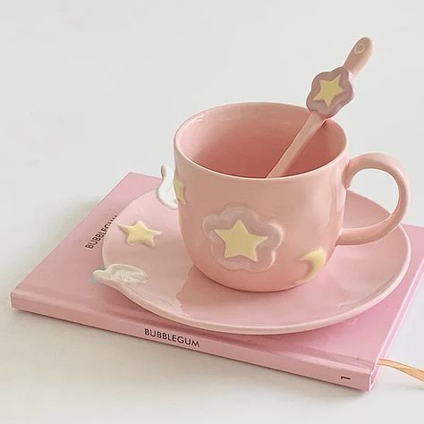 Cute Girl Afternoon Tea Pink Ceramic Coffee Cup and Saucer Set with Spoon Three dimensional Small Wings Star| | - AliExpress Star Mug, Craft Presents, Slab Ceramics, Handmade Ceramics Plates, Coffee Cup And Saucer, Pink Ceramic, Ceramic Spoons, Ceramics Pottery Art, 21st Birthday Gifts