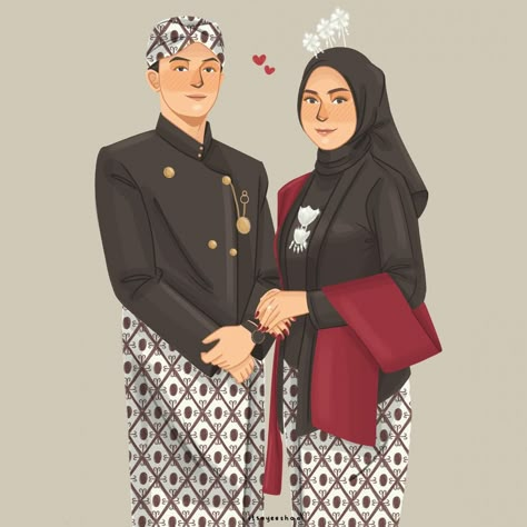 Open for commission! Hit me up on: itsayeeesha@gmail.com Javanese Wedding Hijab, Couple Halal, Png Youtube, Wedding Illustration Card, Javanese Wedding, Lion Family, Kebaya Muslim, Sketch Poses, Face Illustration