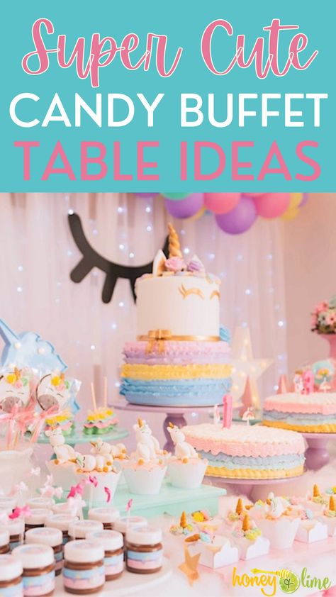 The Best Candy Buffet Ideas for Your Next Party Pastel Candy Bar, Snack Table Ideas Party Kids, Halloween Candy Buffet Table, Candy Buffet Ideas, Candy Buffet Ideas Birthday, Blue Candy Table, Rainbow Candy Buffet, Birthday Candy Table, Purple Candy Buffet