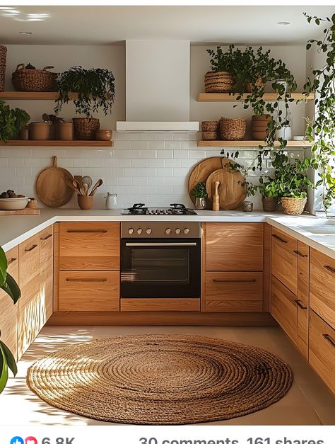 Modern Tropical Kitchen, Boho Modern Kitchen, Japandi Style Kitchen, Modern Boho Kitchen, Brick Wall Kitchen, Earthy Kitchen, Scandi Kitchen, Tropical Kitchen, Kitchen Cabinet Trends