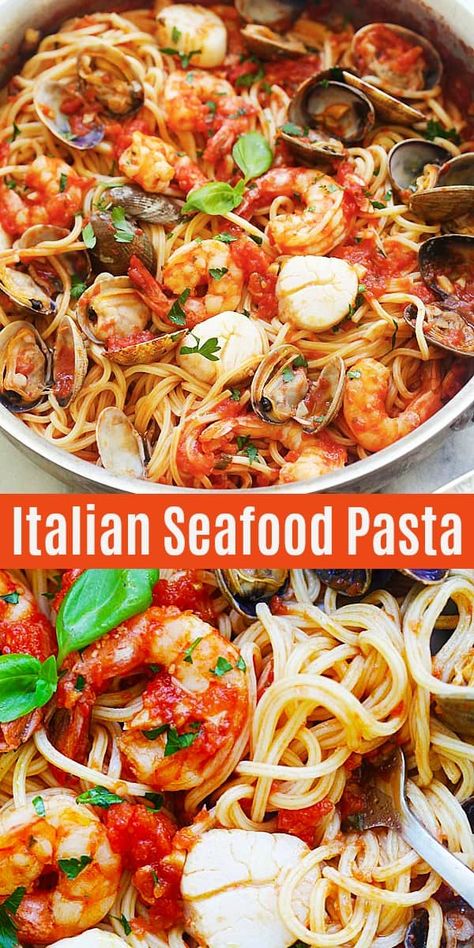 Homemade Tomato Pasta Sauce, Italian Seafood Pasta, Seafood Pasta Dishes, Clam Pasta, Italian Seafood, Shrimp Scallops, Seafood Pasta Recipes, Tomato Pasta Sauce, Easy Seafood