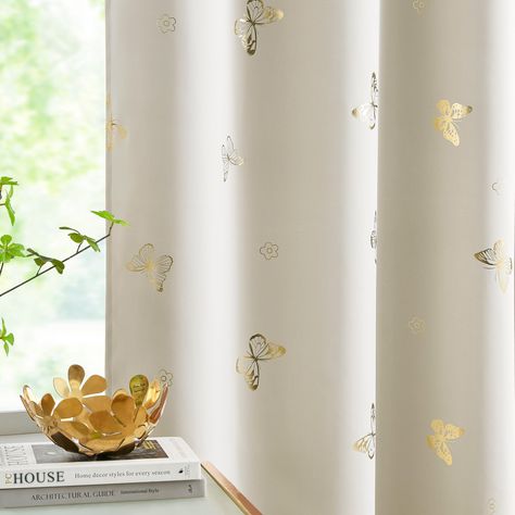 PRICES MAY VARY. ❀ BUTTERFLY PRINT CURTAINS: 52"w x 63"l, 104"w x 63"l/pair, 2 Panels, beige and gold print blackout curtains, Grommet top header. Recommend ordering 2 to 3 times rod width for proper look and fullness. ❀100% BLACKOUT : The curtains impede 100% of light and UV rays. They are made using a triple weave innovative production method.The material feels soft and has no chemical smell, making it safe for kids' and nursery rooms and offer a completely dark environment, allowing for a goo Fae Bedroom, Curtains Grommet, Rose Curtains, Neutral Curtains, Homemade Curtains, Dark Environment, Print Curtains, Nursery Rooms, Flower Curtain