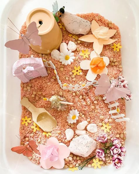 Flower Sensory Bin For Toddlers, Girly Sensory Bin, Ballerina Sensory Bin, Fairy Sensory Play, Fairy Garden Sensory Bin, Fairy Sensory Bin, Spring Sensory Activities, Garden Sensory Bin, Spring Sensory Bin