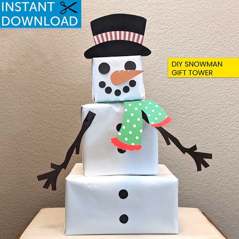 Snowman Gift Tower, Diy Snowman Gifts, Snowman Wrapping, Snowman Template, Box Snowman, Gift Boxes Christmas, Polar Plunge, Hamper Ideas, Printable Snowman