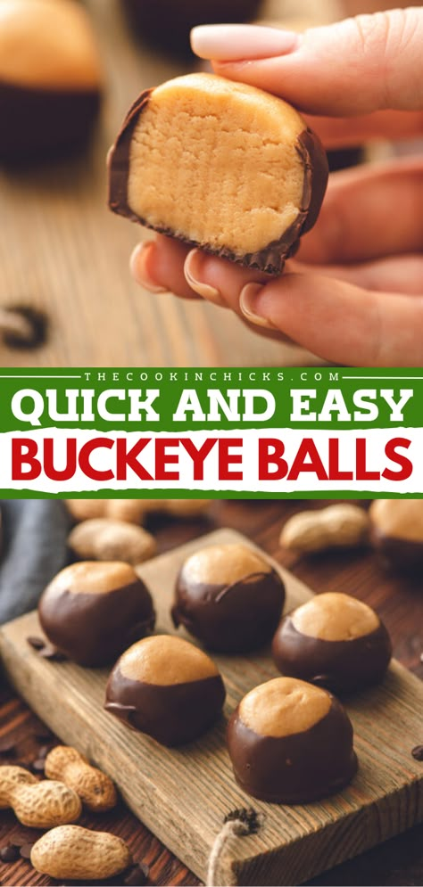 Here's a holiday dessert if you love buckeye candy! Simple ingredients are all you need for this easy Christmas treat. Creamy and melt-in-your-mouth good, this is the BEST buckeye ball recipe! Christmas Buckeye Balls, Best Buckeye Balls Recipe, Christmas Finger Desserts, Healthy Buckeye Balls, Quick And Easy Desserts For A Crowd, Buckeye Bites, Buckeye Candy, Easy Buckeyes Recipe With Pretzels, Christmas Desserts For A Crowd