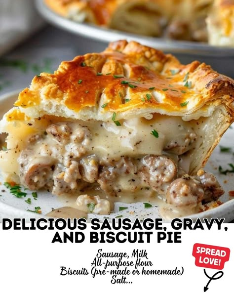 Sausage, Gravy, and Biscuit Pie Sausage Biscuits And Gravy, Biscuit Pie, Breakfast Pie Recipes, Sausage Pie, Sausage Gravy And Biscuits, Breakfast Pie, Sausage Biscuits, Homemade Sausage, Sausage Gravy