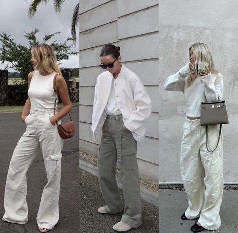 Old Money Cargo Pants, Cream Cargo Pants Outfit Winter, White Cargo Pants Outfit Winter, Cargo Pants With Heels, Cargo Pants Outfit Winter, White Cargo Pants Outfit, Cargos Outfit, Satin Pants Outfit, Cargo Jeans Outfit