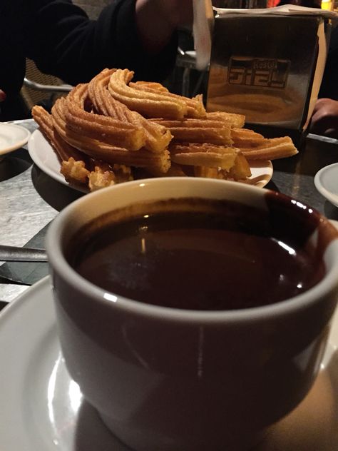 Churros and Chocolate at Chocolateria San Gines in Madrid, Spain. Churros And Chocolate, Dessert Lover, Madrid Spain, Chocolate Fondue, Madrid, Spain, Walking, Dessert