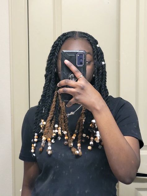 Black girl hairstyle,  passion twist, two toned, beads, mid length, 2 Strand Twist With Beads, Marley Twist Short, Marley Twist Hairstyles Short, Natural Hair Twists With Beads, Marley Twists Short, Marley Twists With Beads, Marley Twists Styles, Small Marley Twists, Twists With Beads