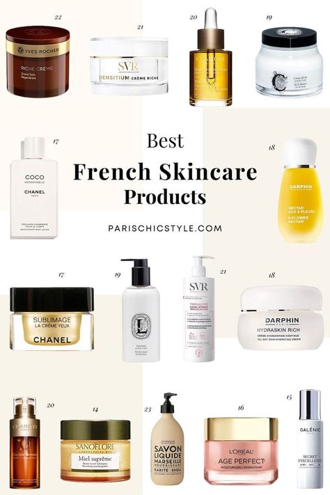 Best French Skincare Products: Diptyque, Darphin Paris, Galenic, La Roche Posay, L'Occitane, Avene Skincare, Chanel, SVR Laboratoire Dermatologique, Clarins, Sanoflore, Yves Rocher, Compagnie de Provence, Bioderma, Caudalie, Nuxe Paris, Vichy, Klorane, Lancôme, Embryolisse, Garancia, Ducray, Uriage Best French Skincare Brands, Parisian skincare products, Paris Chic Style French moisturizing creams for dry to very dry skin, sensitive, psoriasis, eczema. French skincare for travel. #frenchskincare French Skincare Products, Darphin Skincare, Paris Chic Style, Thigh Rubbing, Beauty Skincare Tools, Avene Skincare, Clarins Skincare, Luxury Skincare Brands, Skincare Logo